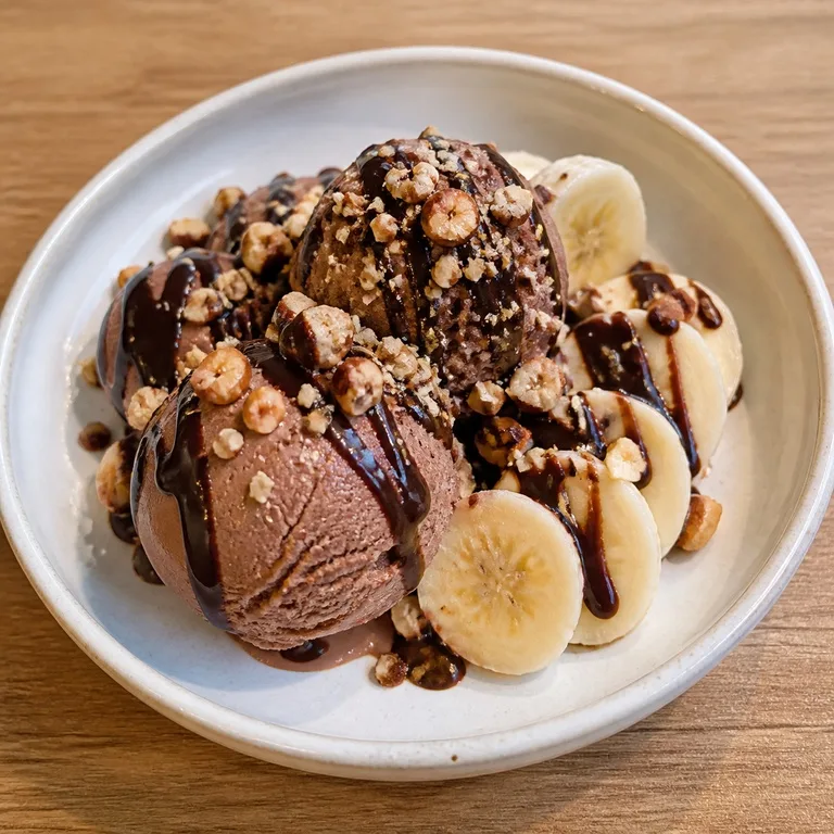 ขนมหวานไอศกรีมรสเฮเซลนัท กล้วย และเจลาโต้
