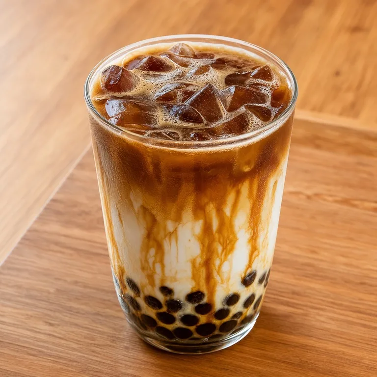 កាហ្វេឡាតេរលោងធ្វើពីអេស្ព្រេសសូនិងទឹកដោះគោ បន្ថែមរសជាតិទឹកស្ករត្នោត។