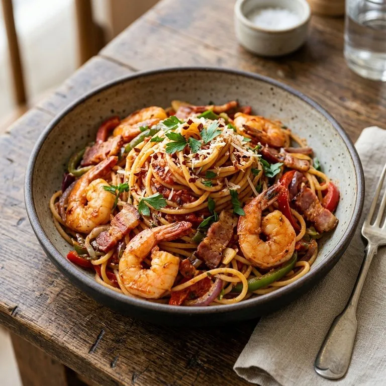 Cay bacon shrimp pasta.