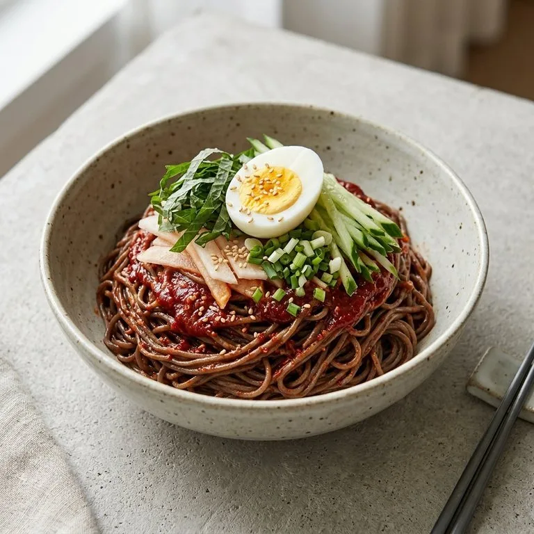 บะหมี่บัควีทคลุกซอสเผ็ด