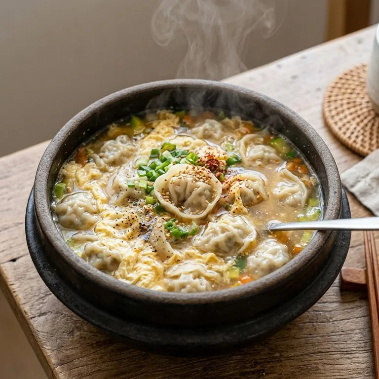 Sup Telur dengan Pangsit Rebus