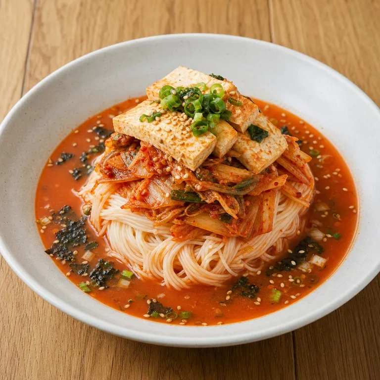 บะหมี่เย็นกิมจิและเต้าหู้