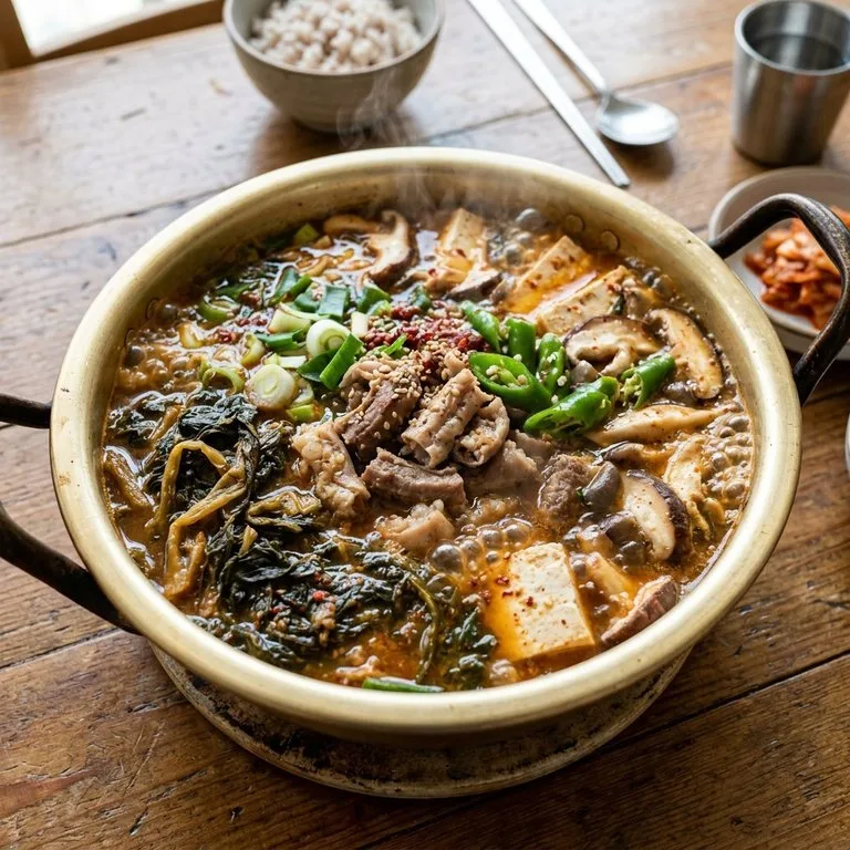 Hot Pot Babat Sapi dengan Daun Lobak Kering