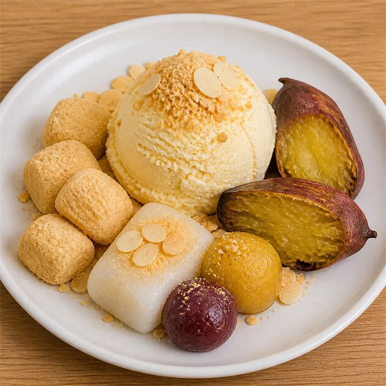 Es krim dengan kue beras dan ubi jalar
