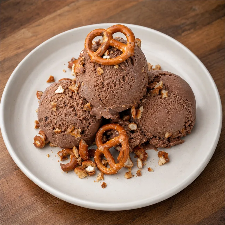 Es krim dengan taburan pretzel cokelat