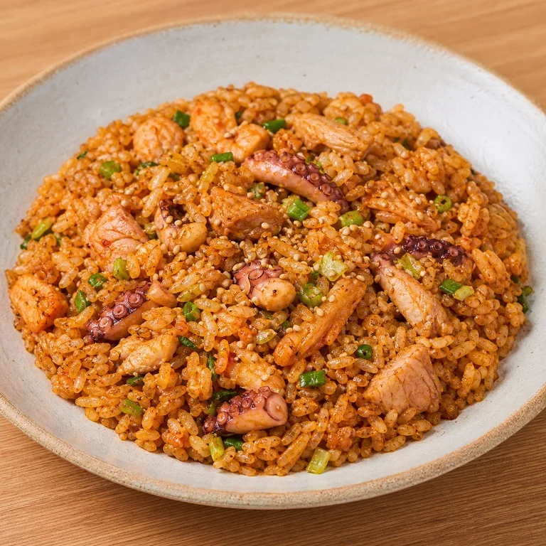 ข้าวผัดไก่และปลาหมึกยักษ์