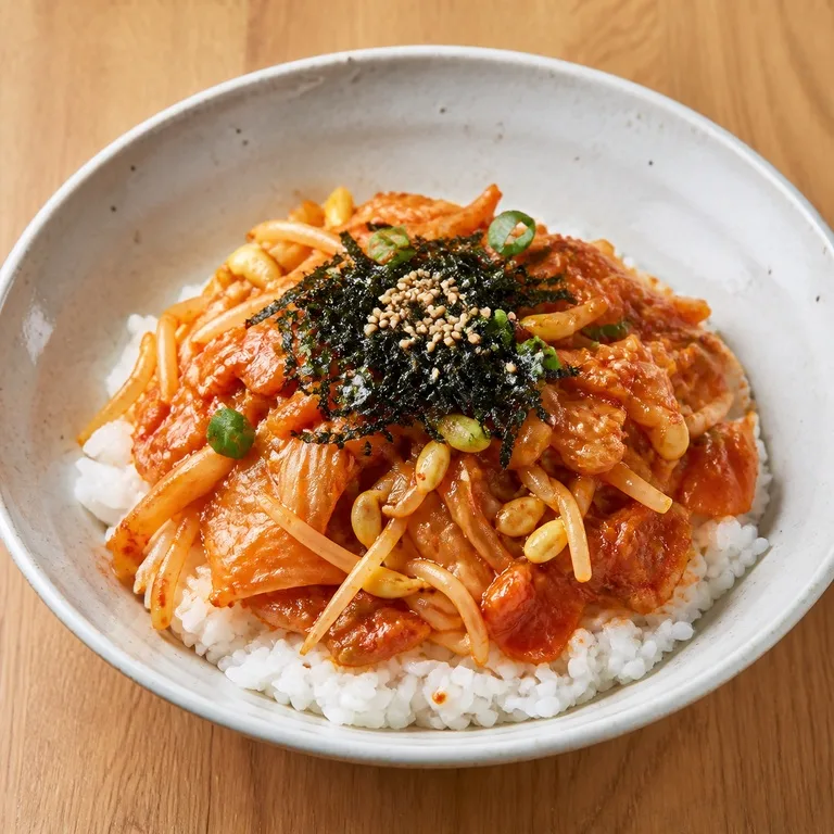 ข้าวหน้ากิมจิและถั่วงอก