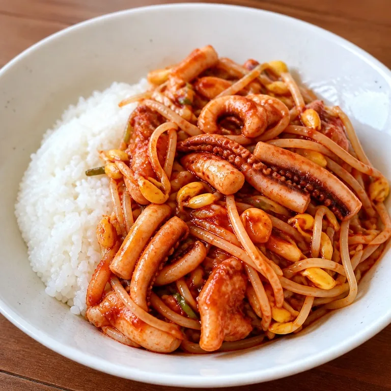 ข้าวหน้าปลาหมึกและถั่วงอก