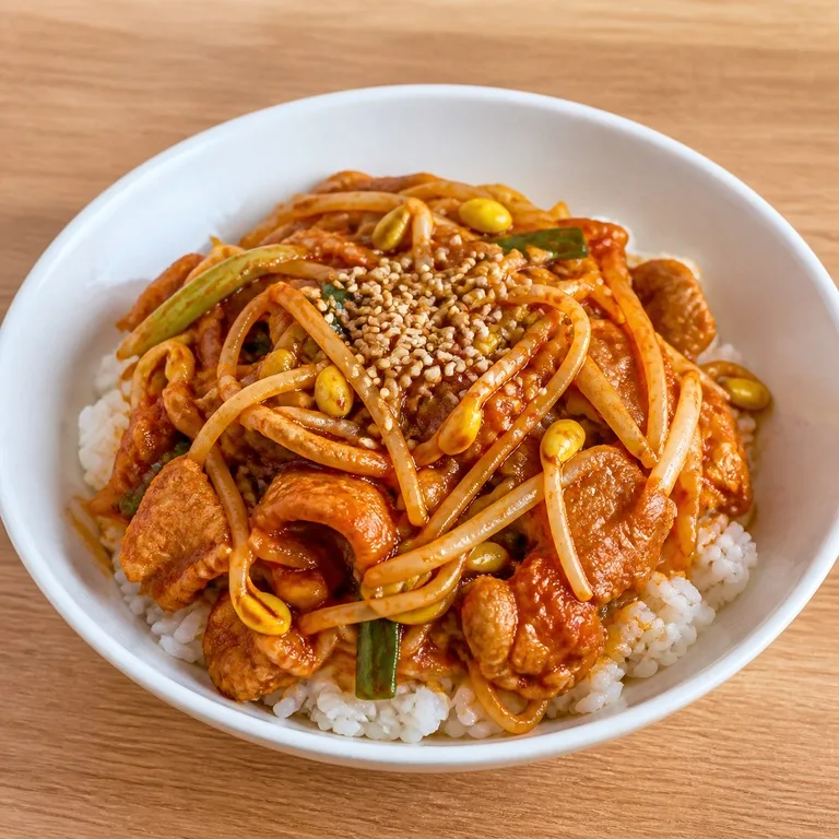 ข้าวหน้าหมูผัดซอสและถั่วงอก