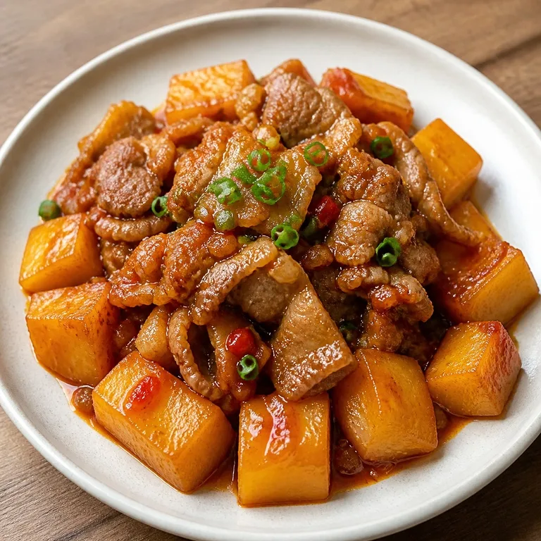 ដំឡូងបារាំងម្ទេសសាច់ជ្រូកបីជាន់